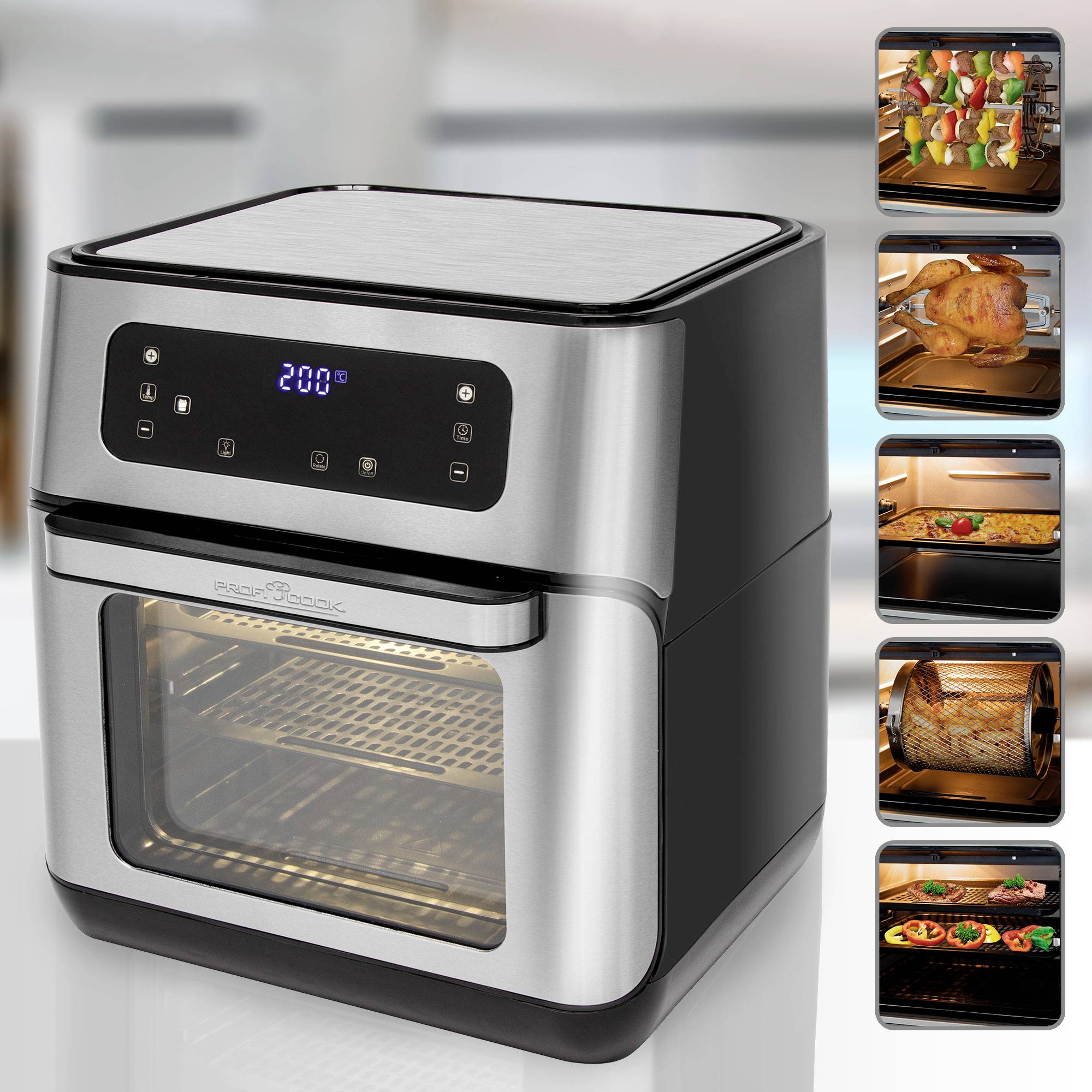 Un forno a convezione argento con display digitale indica 200°C. Accanto, immagini di pietanze dentro al forno: spiedini, pollo arrosto, verdure al forno e pizza.