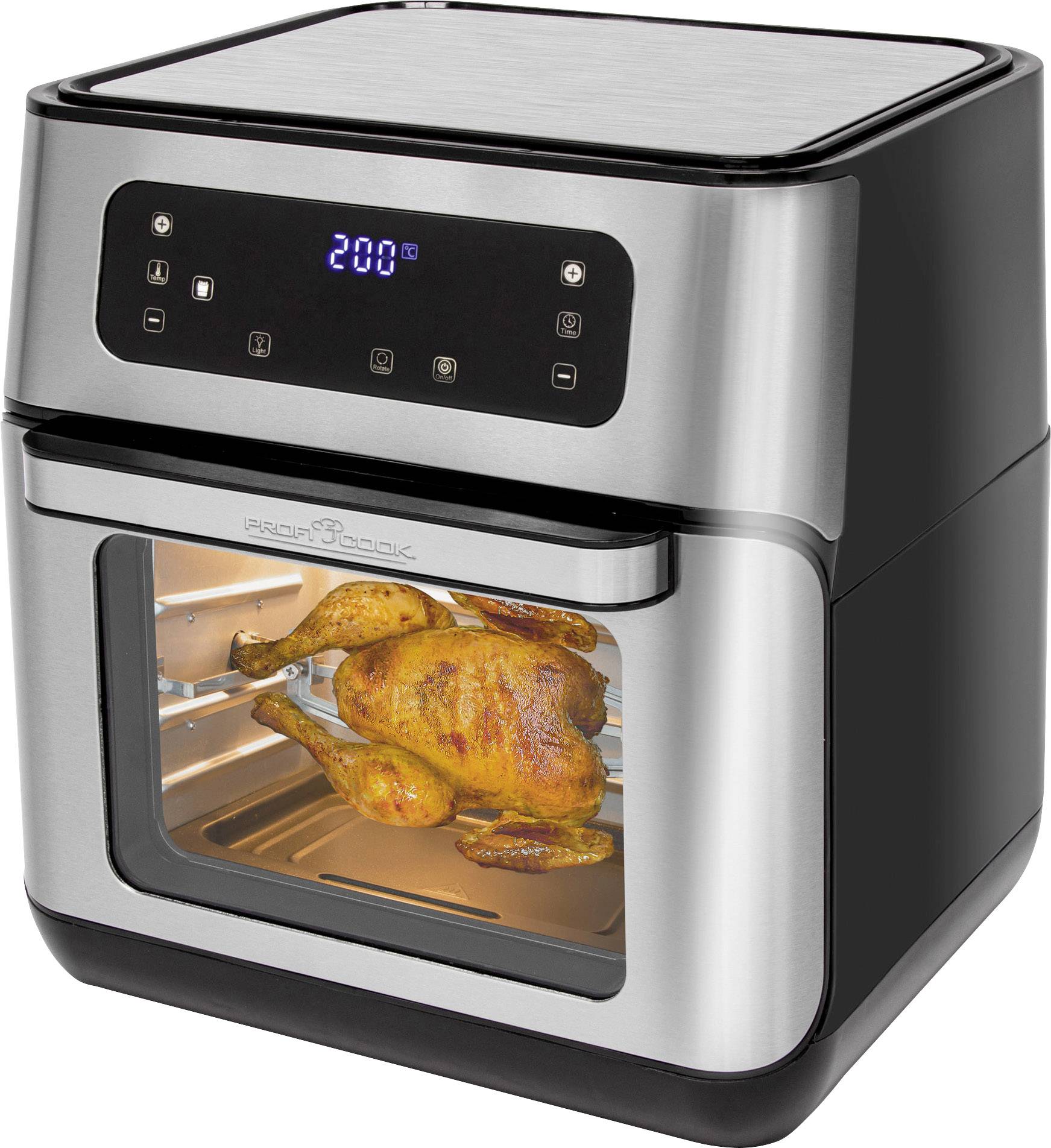 Un forno moderno con display digitale mostra 200 gradi. Un pollo dorato sta arrostendo all'interno su uno spiedo rotante.