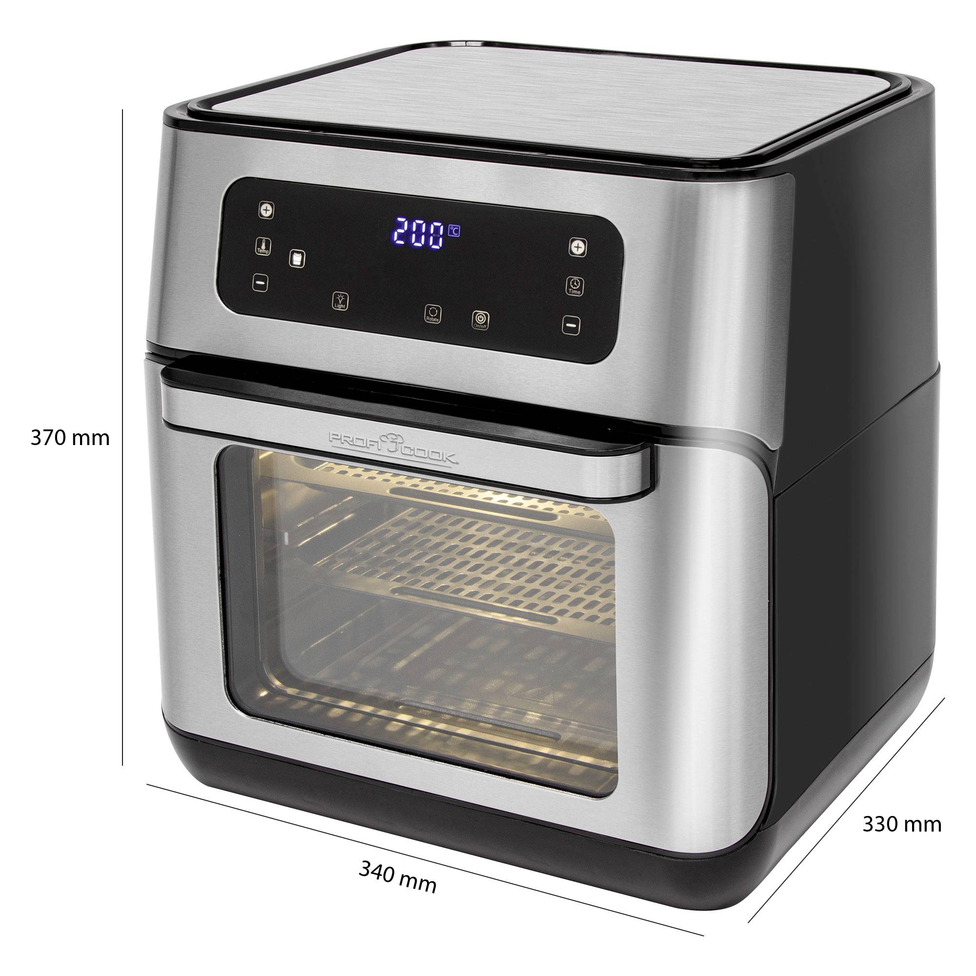 Friggitrice ad aria compatta in acciaio inox con display digitale; indica 200 gradi Celsius. Dimensioni: 370 mm di altezza, 340 mm di larghezza, 330 mm di profondità.