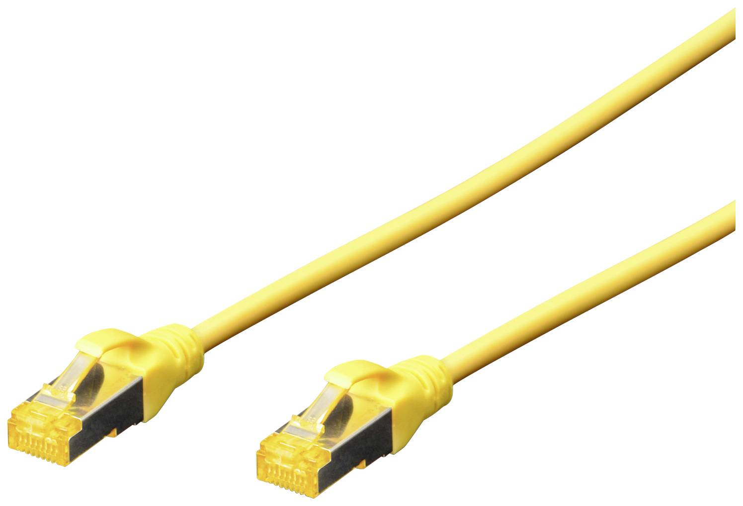 Cavo Ethernet giallo con due connettori RJ45, utilizzato per connessioni di rete.