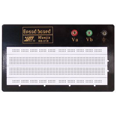 Una breadboard nera con etichette. In alto ci sono tre connettori: rosso ('Va'), verde ('Vb') e nero ('massa'). Sotto ci sono quattro campi di inserimento.