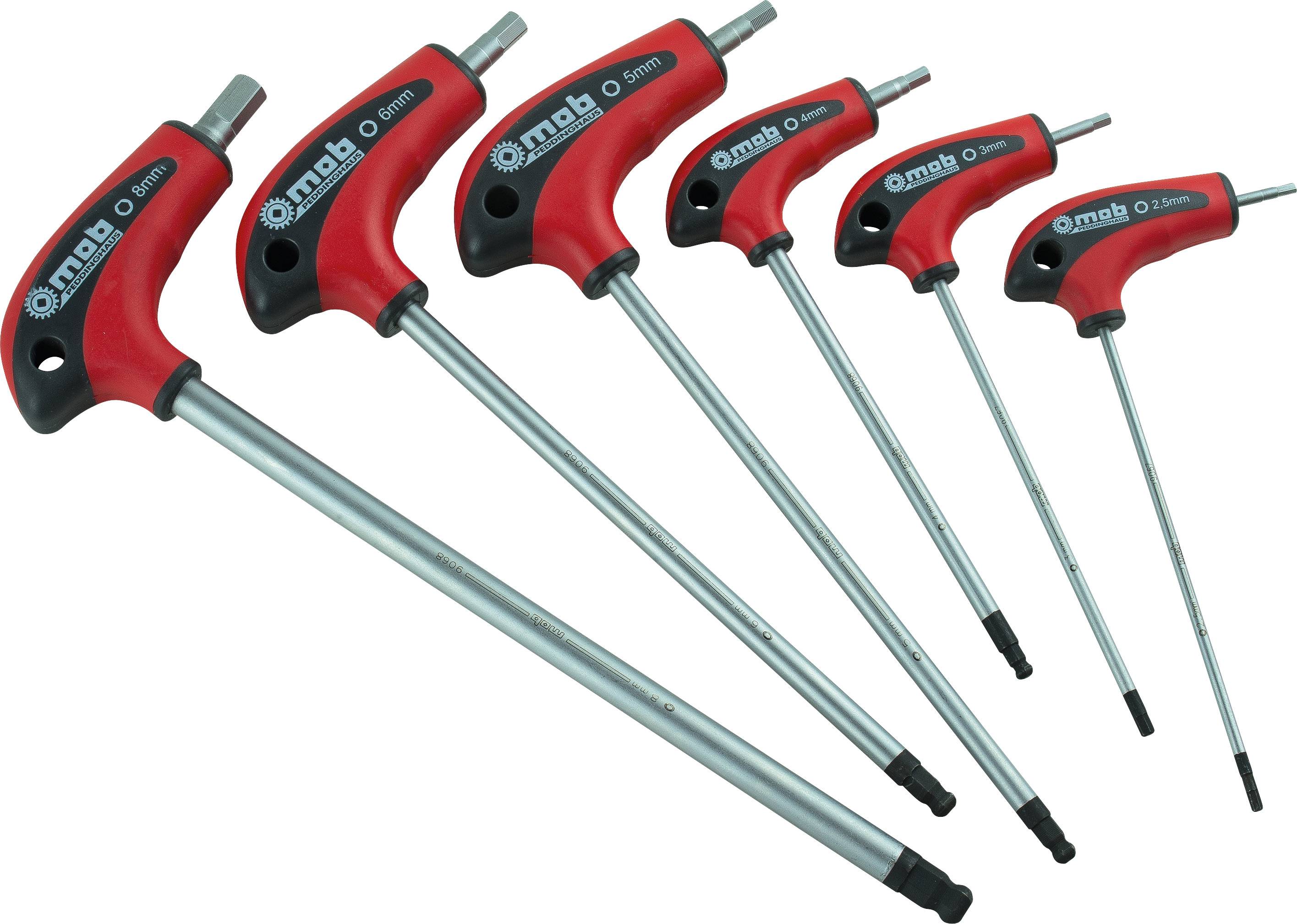 'Set di sei chiavi esagonali a T, rosso-nero, di diverse dimensioni, ordinate dal più piccolo al più grande, su sfondo bianco.'