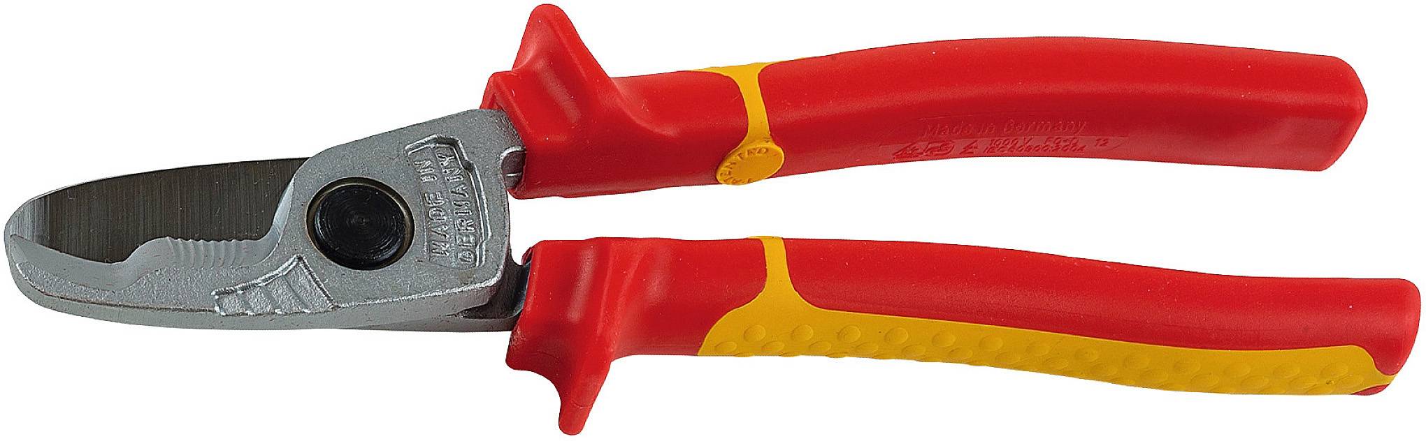 Pinza tronchese rossa e gialla con impugnatura ergonomica, adatta per il taglio di cavi.