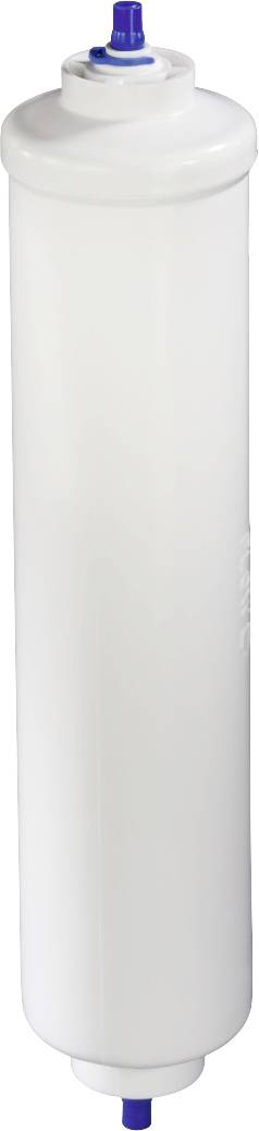 Filtro acqua cilindrico, bianco, con valvole di connessione blu alle estremità.