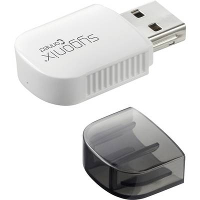 Adattatore USB Wi-Fi bianco con cappuccio protettivo nero rimovibile. Poggia su una superficie bianca.