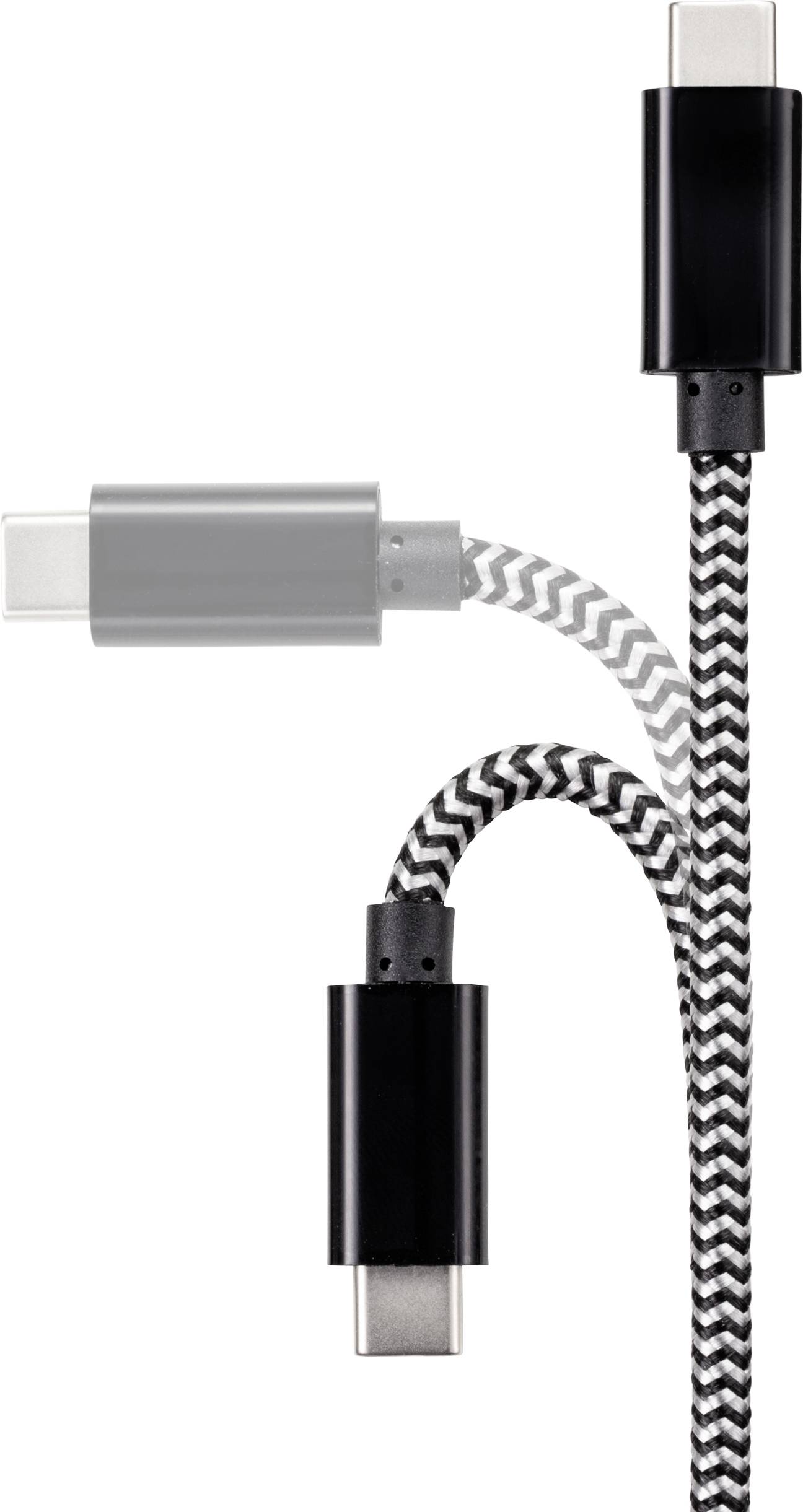 Cavo USB-C con intreccio a motivi nero e bianco, che mostra il connettore a entrambe le estremità.