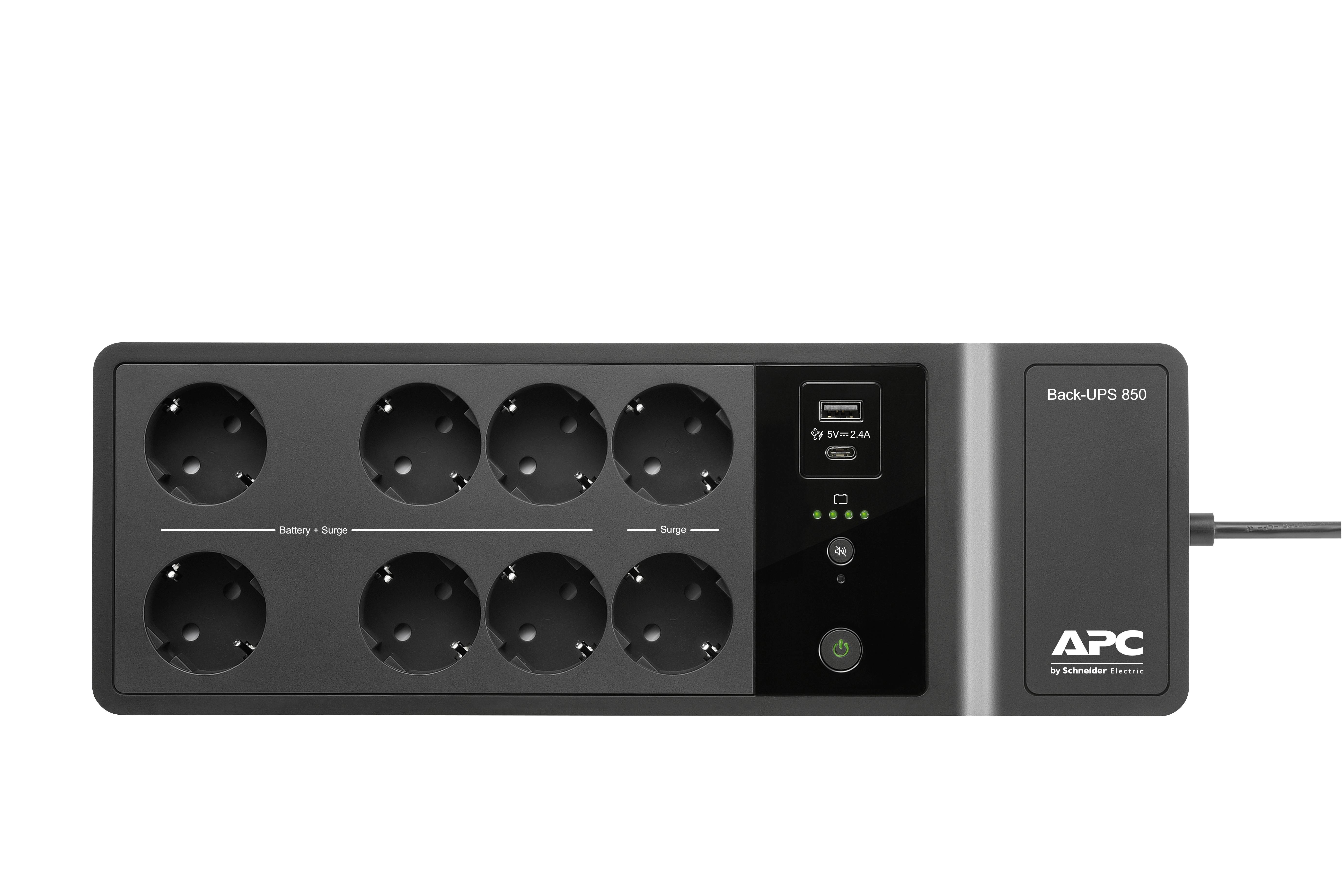 USV (Gruppo di Continuità) con 8 prese elettriche e display per stato di funzionamento e batteria, marca APC, modello Back-UPS 850.