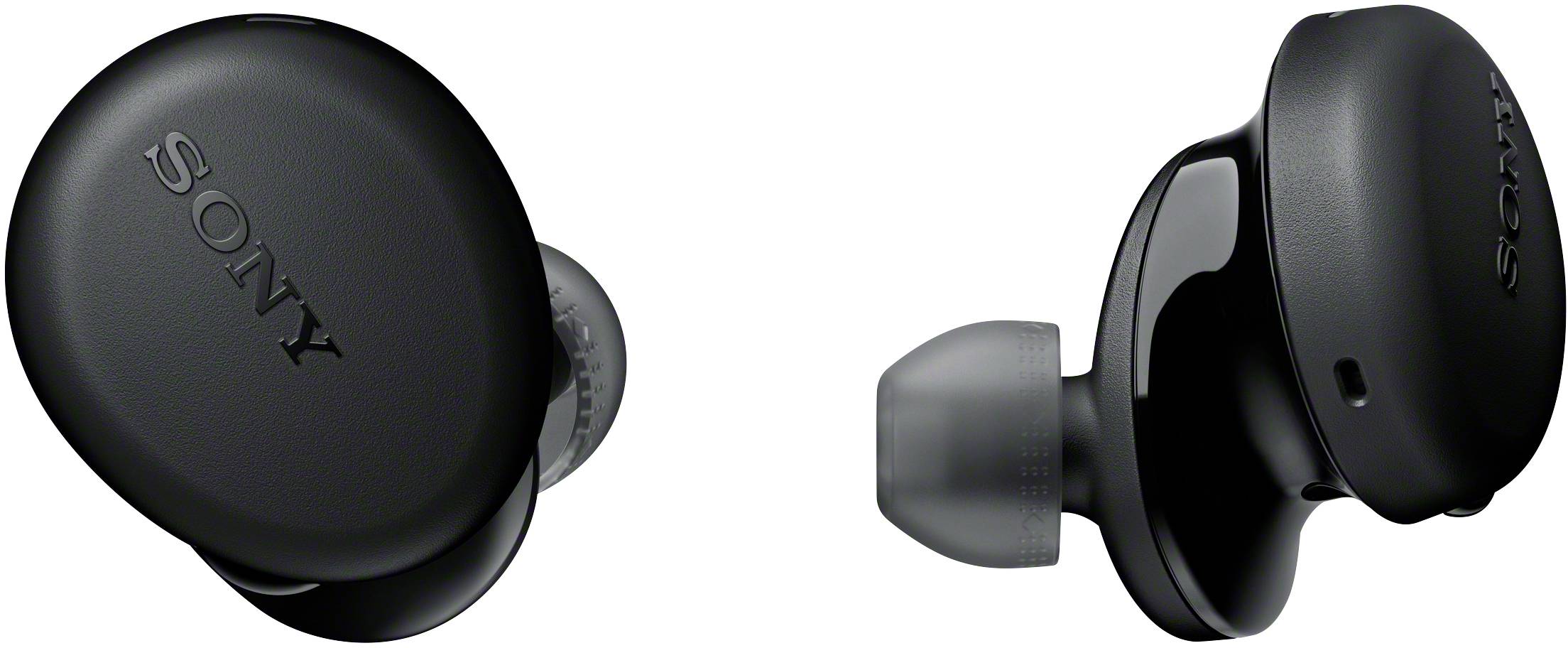 Cuffie wireless in-ear nere con il logo di un marchio noto, che mostrano una vista laterale e frontale, con padiglioni auricolari chiusi.