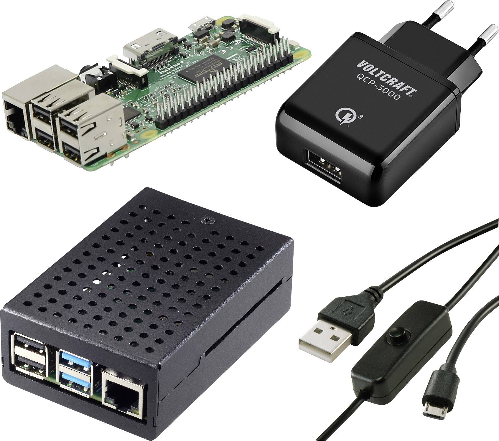 'Scheda Raspberry Pi con porte Ethernet, caricabatterie nero USB, custodia ventilata nera e cavo USB con interruttore.'
