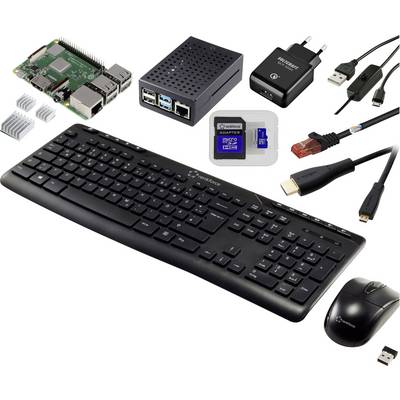Un kit per computer comprendente tastiera, mouse, scheda microcomputer, case, alimentatore, cavo Ethernet e cavo HDMI. Include inoltre una scheda di memoria.
