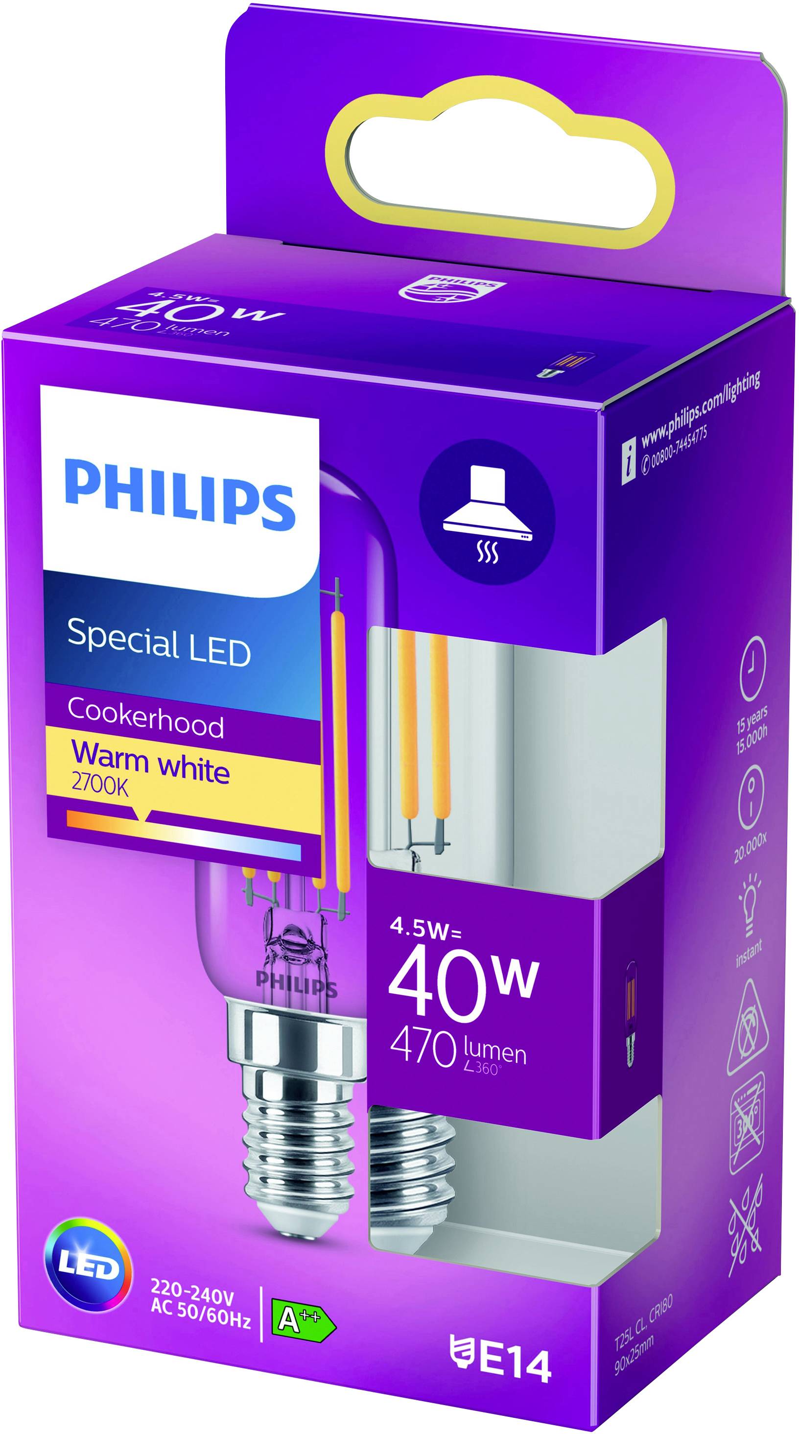 Confezione di una lampadina LED Philips, 4,5 W equivalente a 40 W, 470 lumen, attacco E14, luce bianca calda (2700K), per cappe aspiranti.