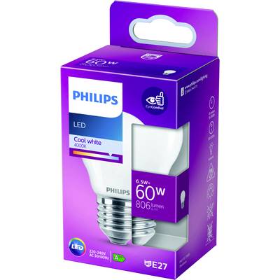 'Lampadina LED Philips, E27, 6,5W (equivalente a 60W), 806 lumen, luce bianca fredda 4000K, classe energetica A++, tecnologia EyeComfort, per interni.'