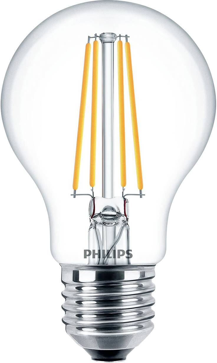 Lampadina con filamenti visibilmente arancioni e attacco a vite, marca 'Philips'.