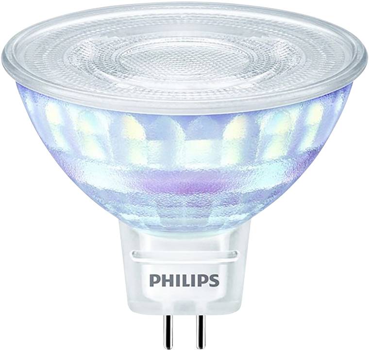 Una lampada LED con involucro trasparente e base bipolare. Nome del produttore 'Philips' visibile sulla base. Illuminazione ad alta efficienza energetica.