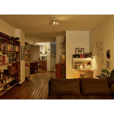 Soggiorno accogliente con pavimento in legno, divano marrone e libreria che si apre su un'area cucina open space. Nella sua angolo, un tavolo con una lampada.