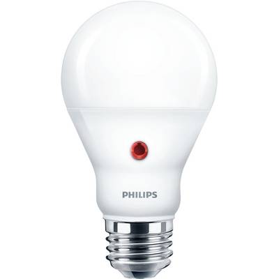 Una lampadina LED bianca con un punto rosso e attacco in metallo, con la scritta 'Philips'.
