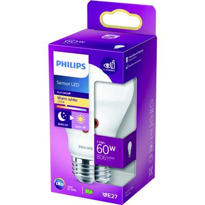 Una lampadina LED Philips in confezione viola, 7,5 W, equivalente a 60 W, 806 lumen, luce bianca calda, attacco E27.