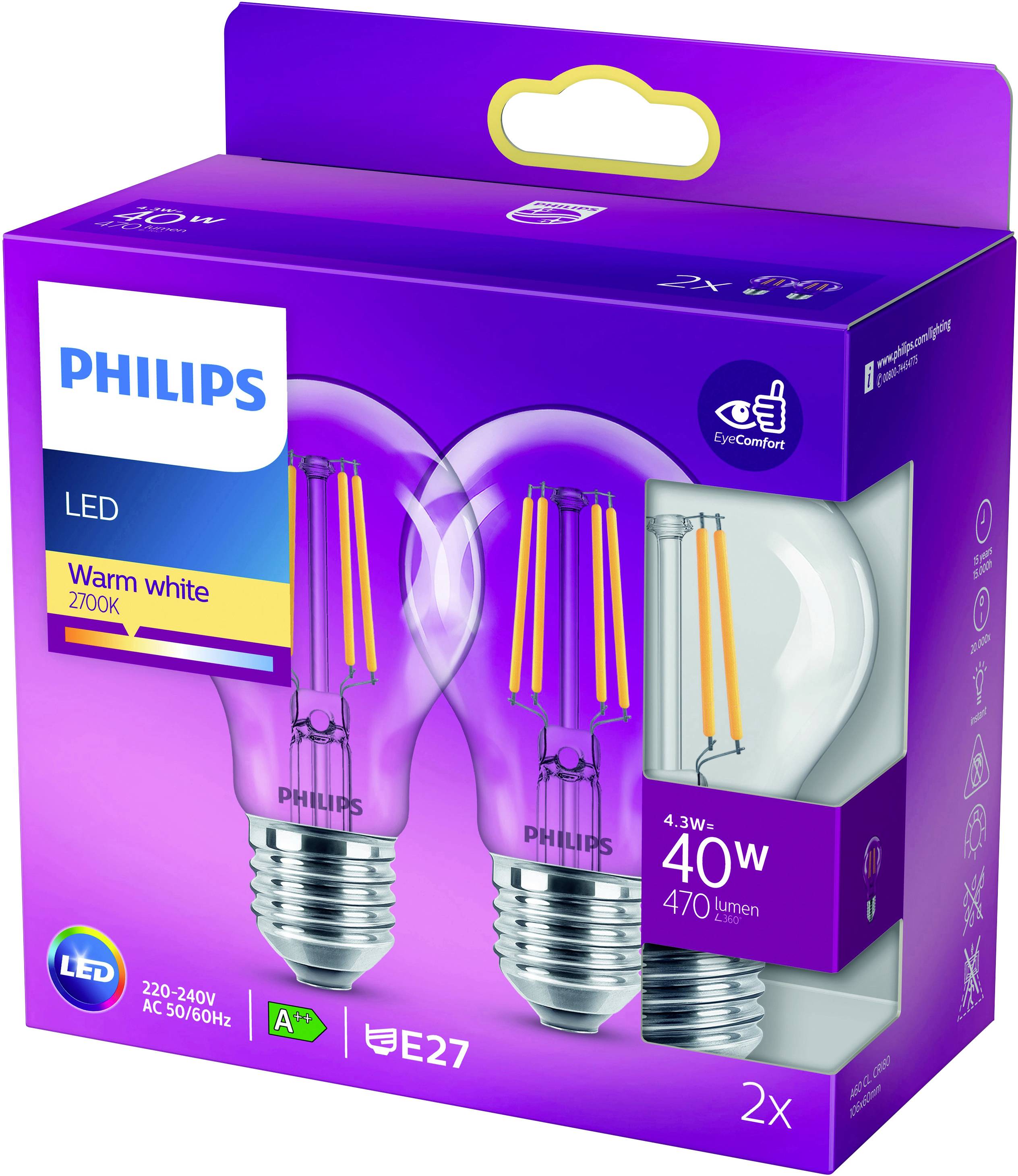 'Lampadine LED Philips, luce calda, 4,3W (equivalente a 40W), 470 lumen, classe energetica A++, attacco E27, confezione da 2 pezzi.'