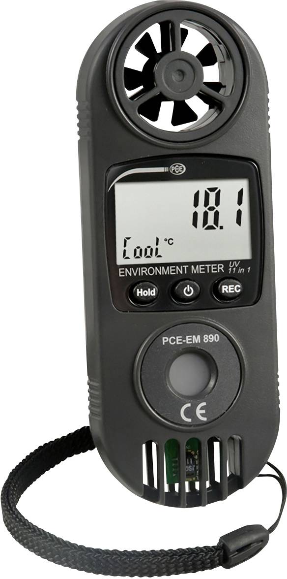 Dispositivo di misurazione con display che mostra '18,1 °C Cool'. Parte superiore con un'elica, parte inferiore con una griglia. Include vano batterie e cinghia.