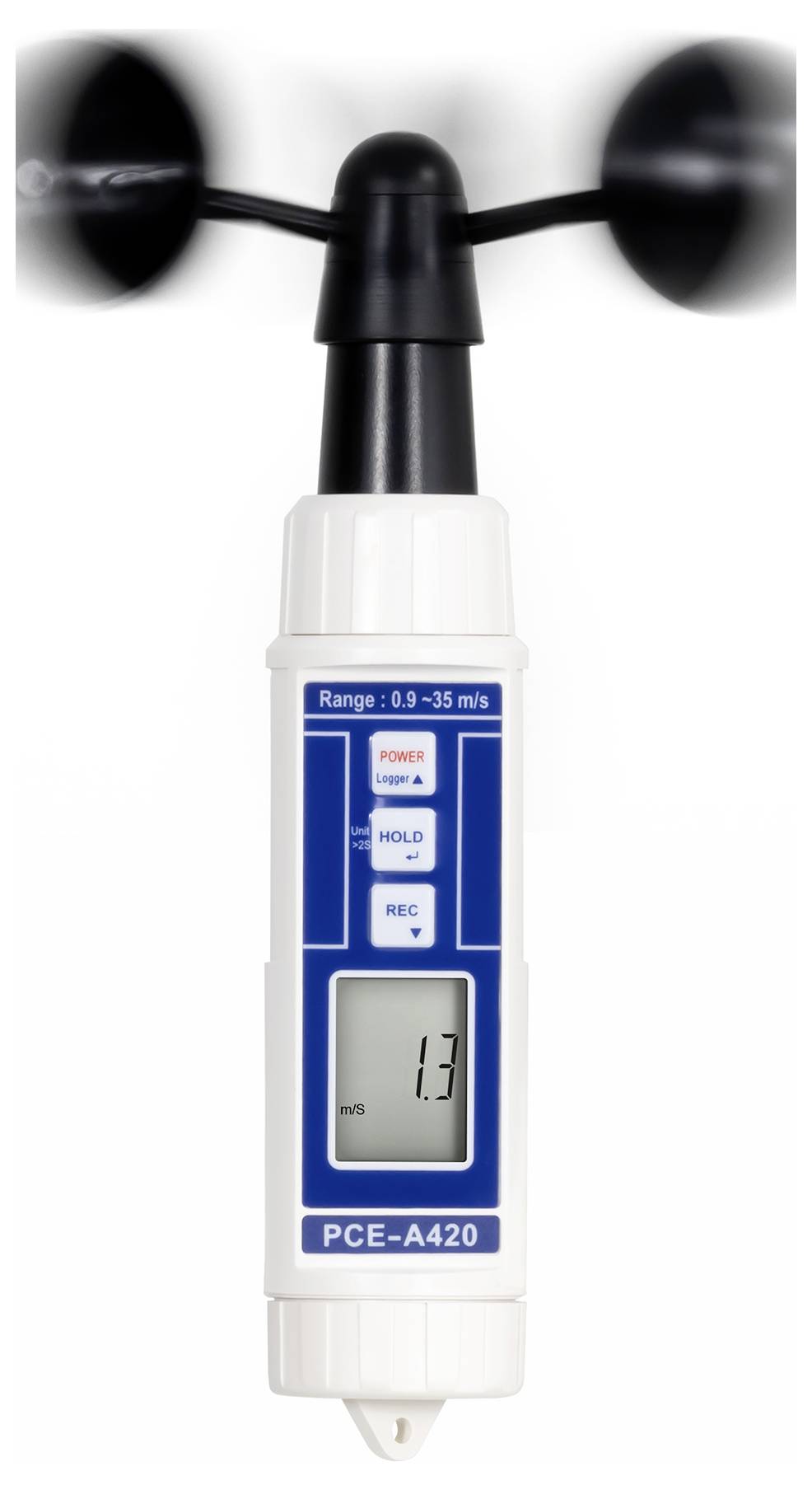 Anemometro portatile con coppe rotanti che visualizza la velocità del vento di "1,3" m/s sul suo schermo digitale.