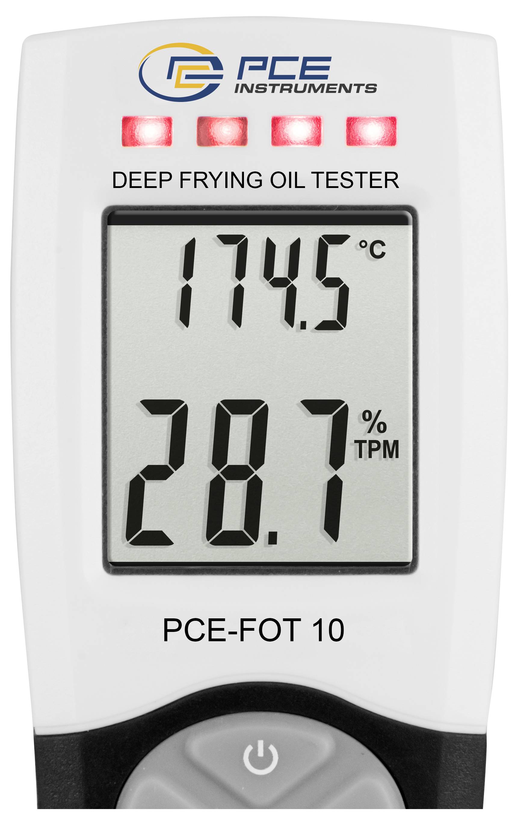 Display del tester digitale per olio di fritura che mostra 174,5°C e 28,7% TPM, etichettato PCE-FOT 10, con quattro spie luminose rosse.