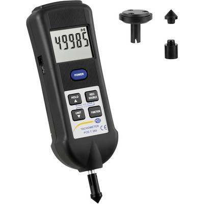'Contagiri digitale PCE-T 260 con display che indica 49985, inclusi vari adattatori per la misurazione della velocità di rotazione, colore nero.'