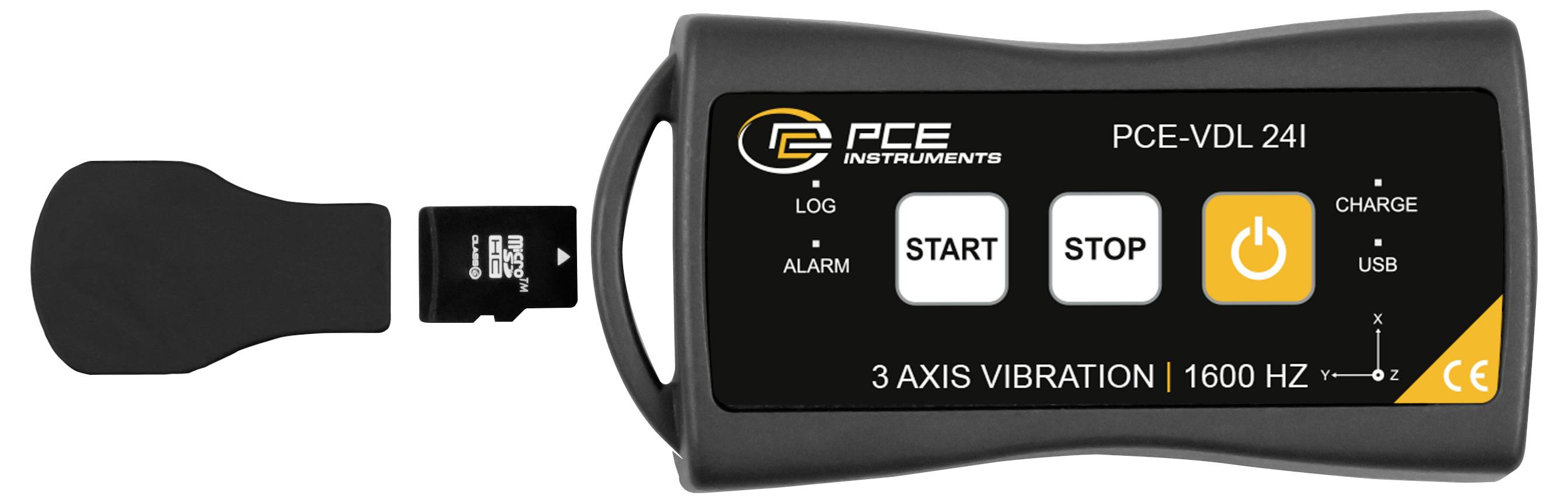 Strumento portatile PCE vibrometro con sensore collegato e pulsanti di avvio, arresto e accensione; etichettato "3 AXIS VIBRATION | 1600 HZ".