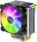 Un dissipatore di calore per CPU illuminato con un ventilatore LED colorato e un radiatore, installato in un computer per la dissipazione del calore.