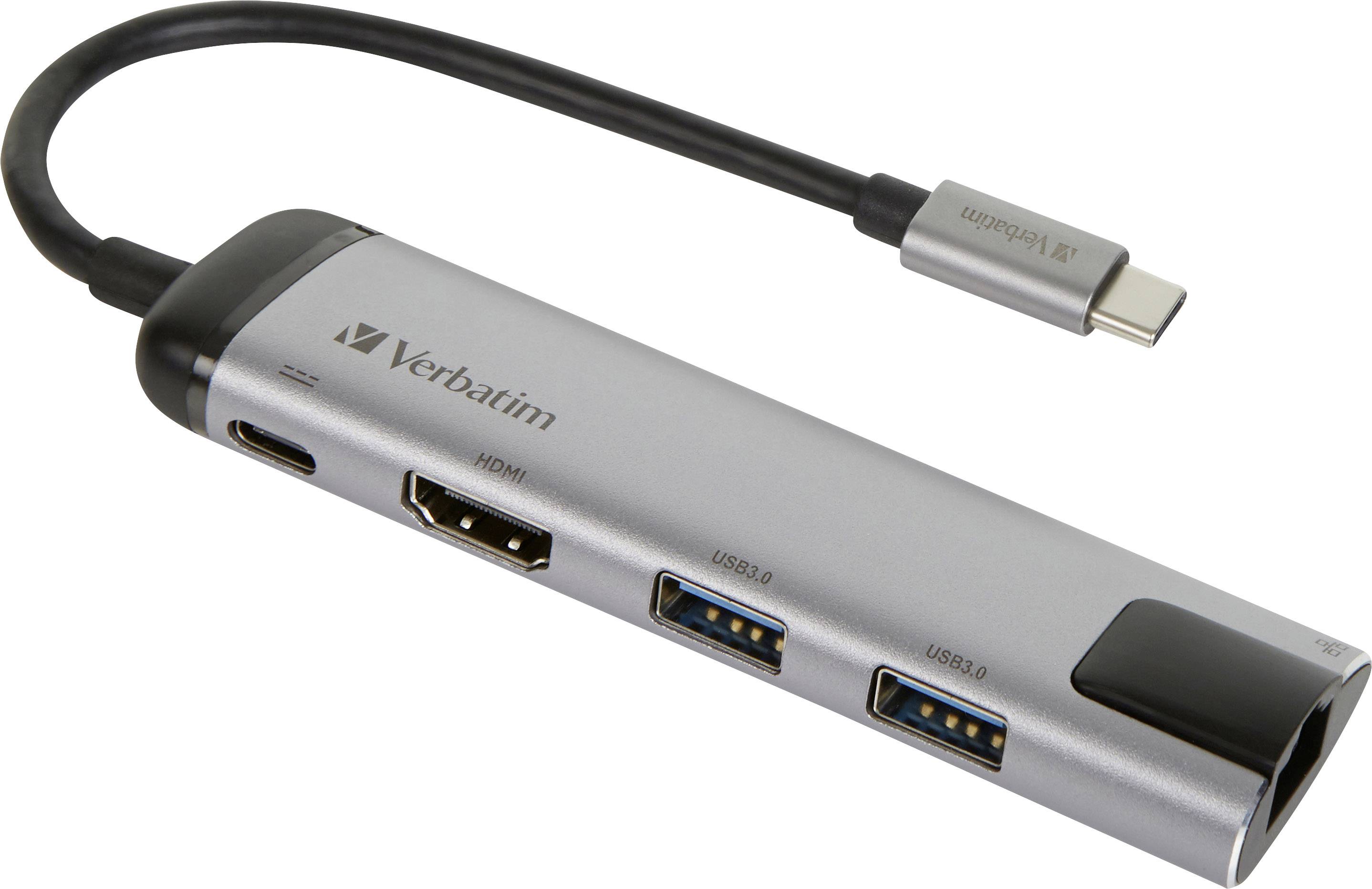 Hub USB-C con uscita HDMI e due porte USB 3.0, con involucro argentato, adatto per molteplici possibilità di connessione.