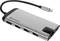 Un hub USB-C argentato con logo del marchio, offre molteplici porte: HDMI, USB e lettore di schede SD, adatto per laptop.