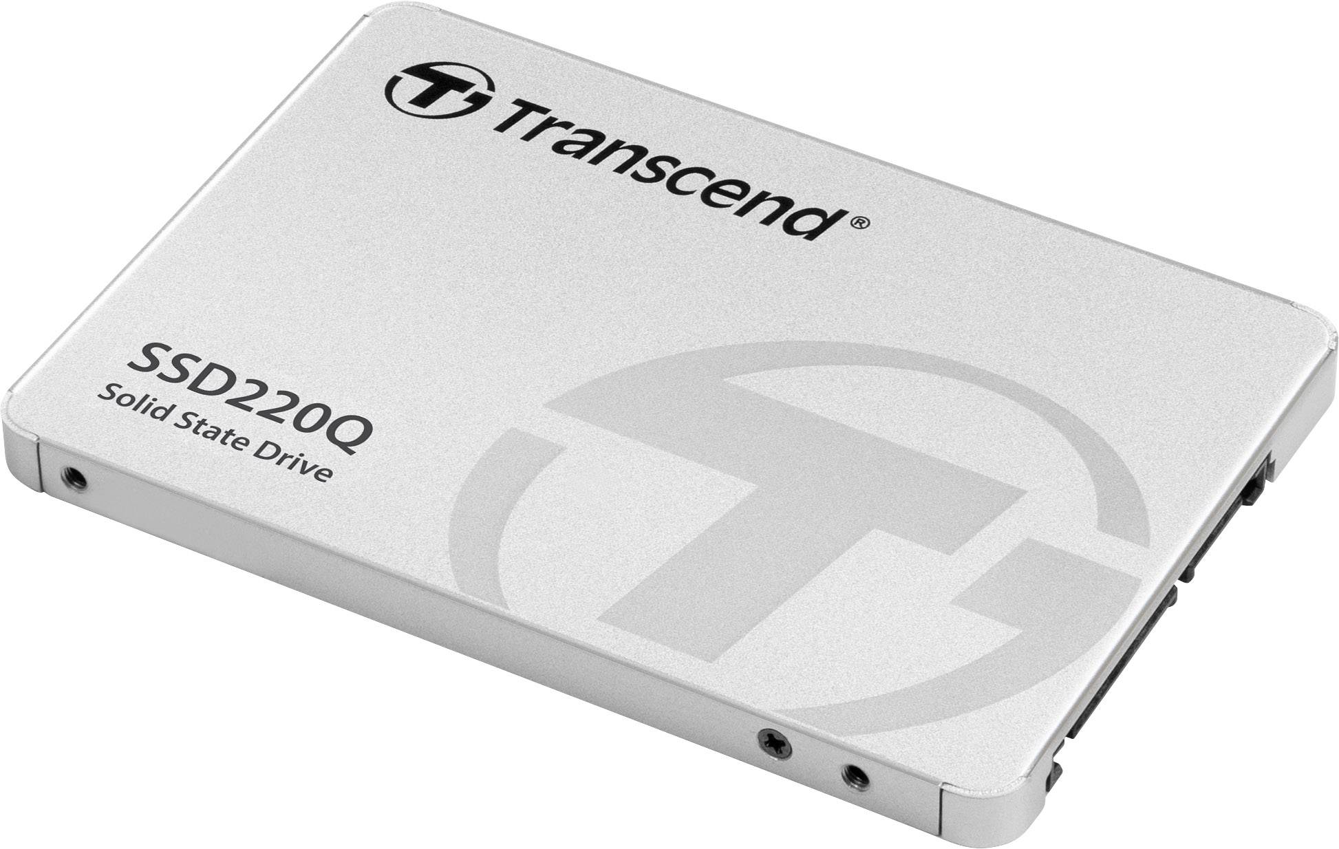 Transcend 2,5 pollici SSD220Q Solid State Drive, chassis argentato con logo e scritta, soluzione di archiviazione estremamente veloce.