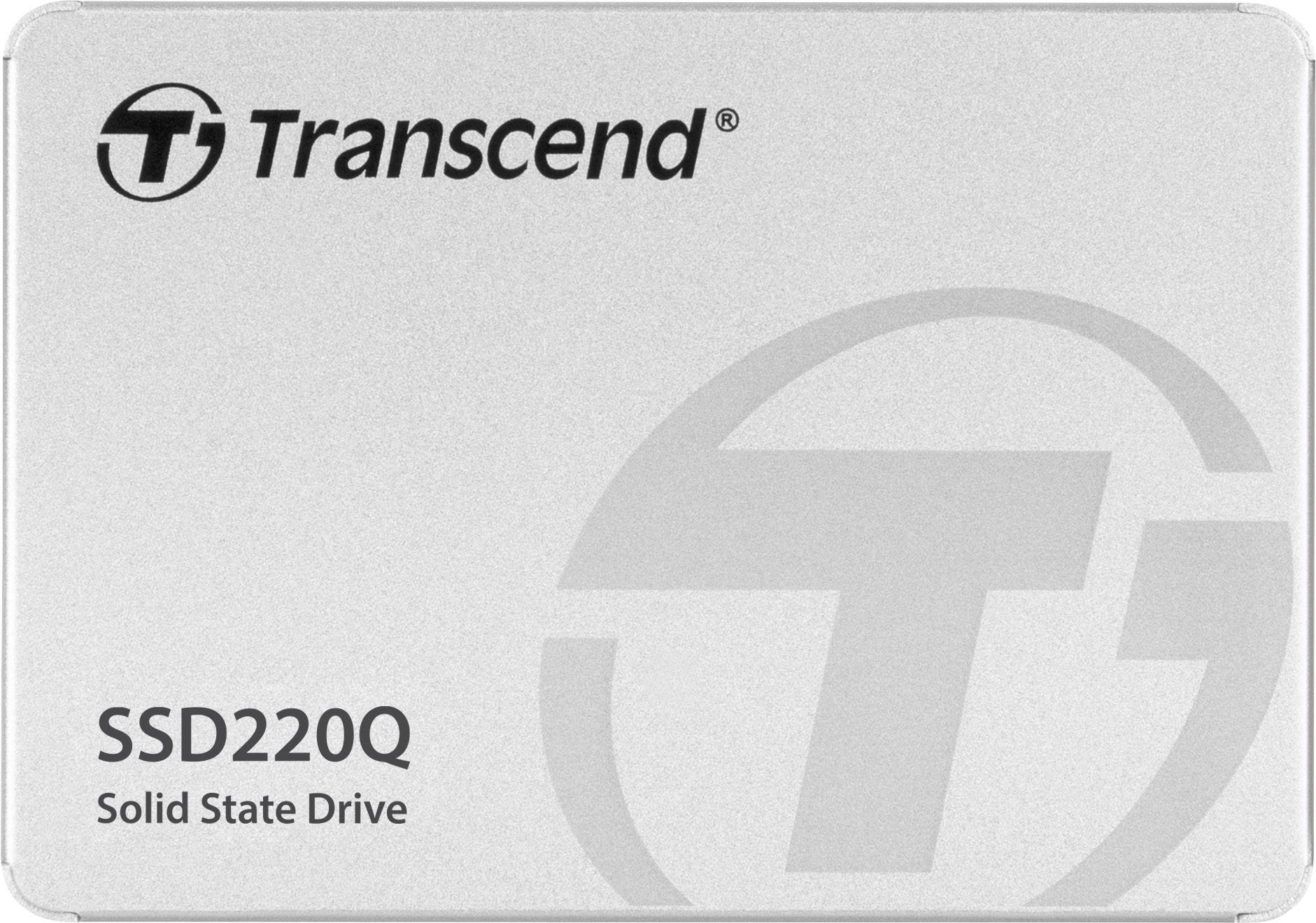 SSD argento di Transcend, modello SSD220Q, con logo aziendale e scritta 'Solid State Drive' sul lato frontale.