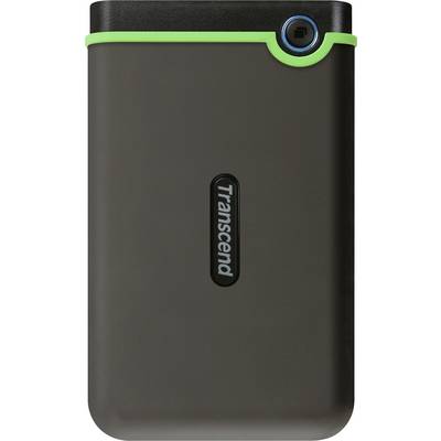 Hard disk esterno Transcend, nero con bordo verde, posizionato verticalmente. Contiene una porta USB e il logo al centro.
