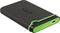 Hard disk esterno, nero con accenti verdi, nome del marchio al centro, connettore USB visibile.