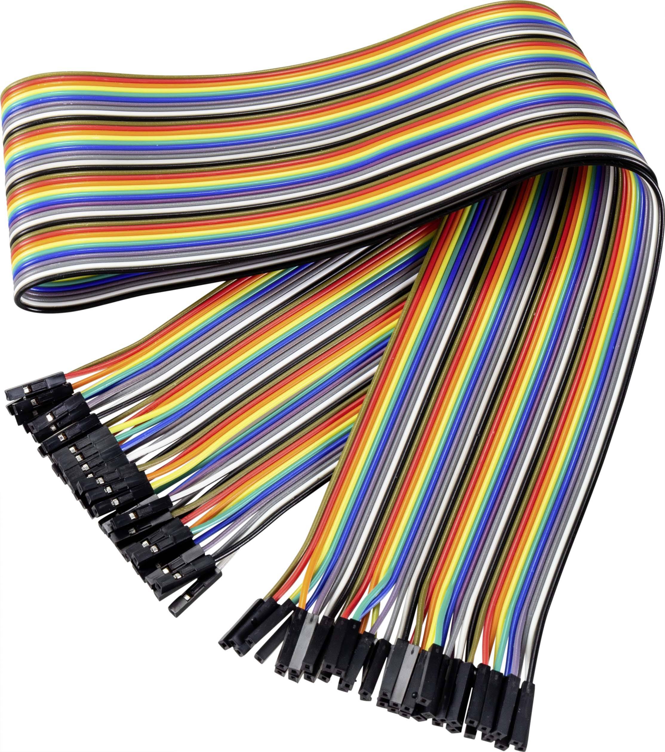Cavo piatto multicolore con numerosi conduttori e connettori, comunemente utilizzato per esperimenti elettronici o prototipazione.