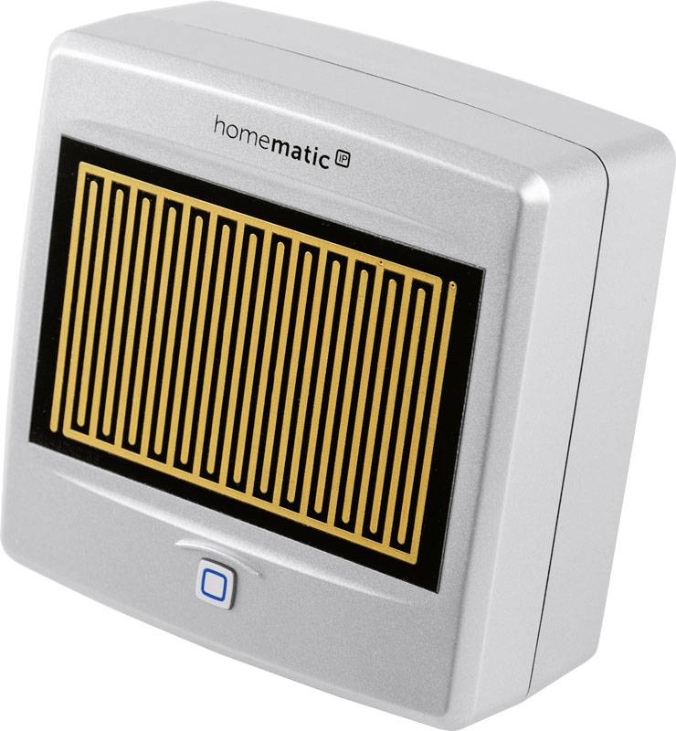 Un dispositivo Homematic IP argentato con un grande sensore giallo-nero e un pulsante blu sottostante, utilizzato per controllare l'automazione domestica.