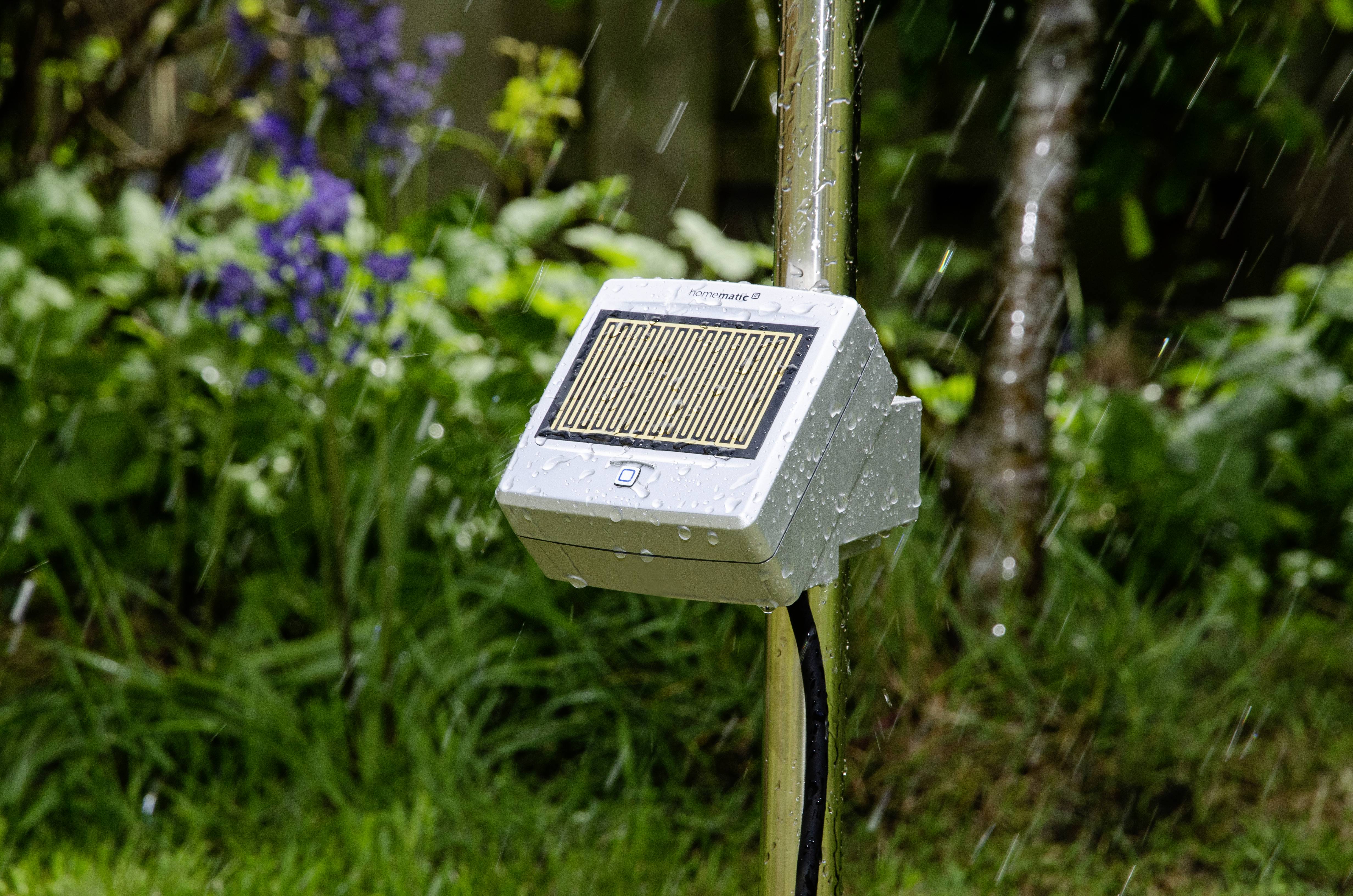 Un sensore di pioggia alimentato a energia solare in un giardino, circondato da erbe e fiori, mentre piove.