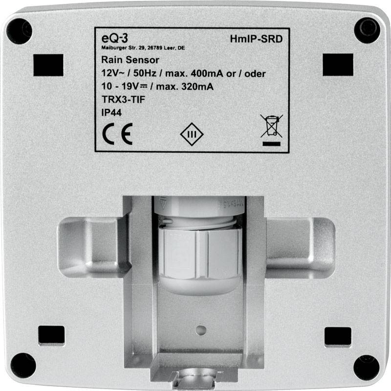 Retro di un sensore di pioggia impermeabile. Mostra modelli, specifiche tecniche: 12V, 50Hz, max. 400mA o 10-19V, max. 320mA, IP44.