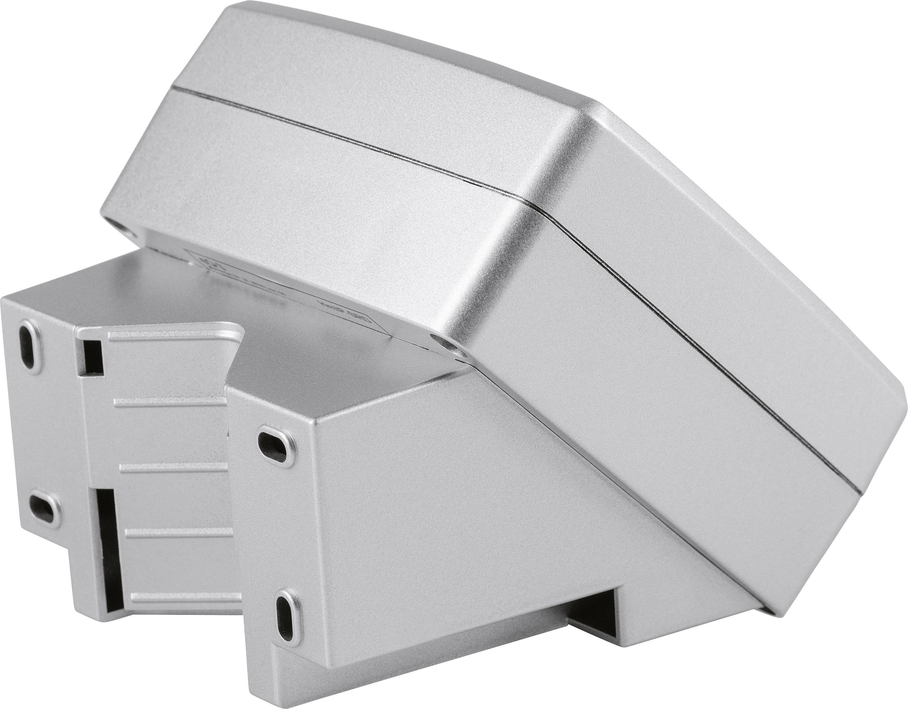 Un involucro da parete in argento per dispositivi elettrici. Presenta diversi fori per il fissaggio e il passaggio dei cavi.