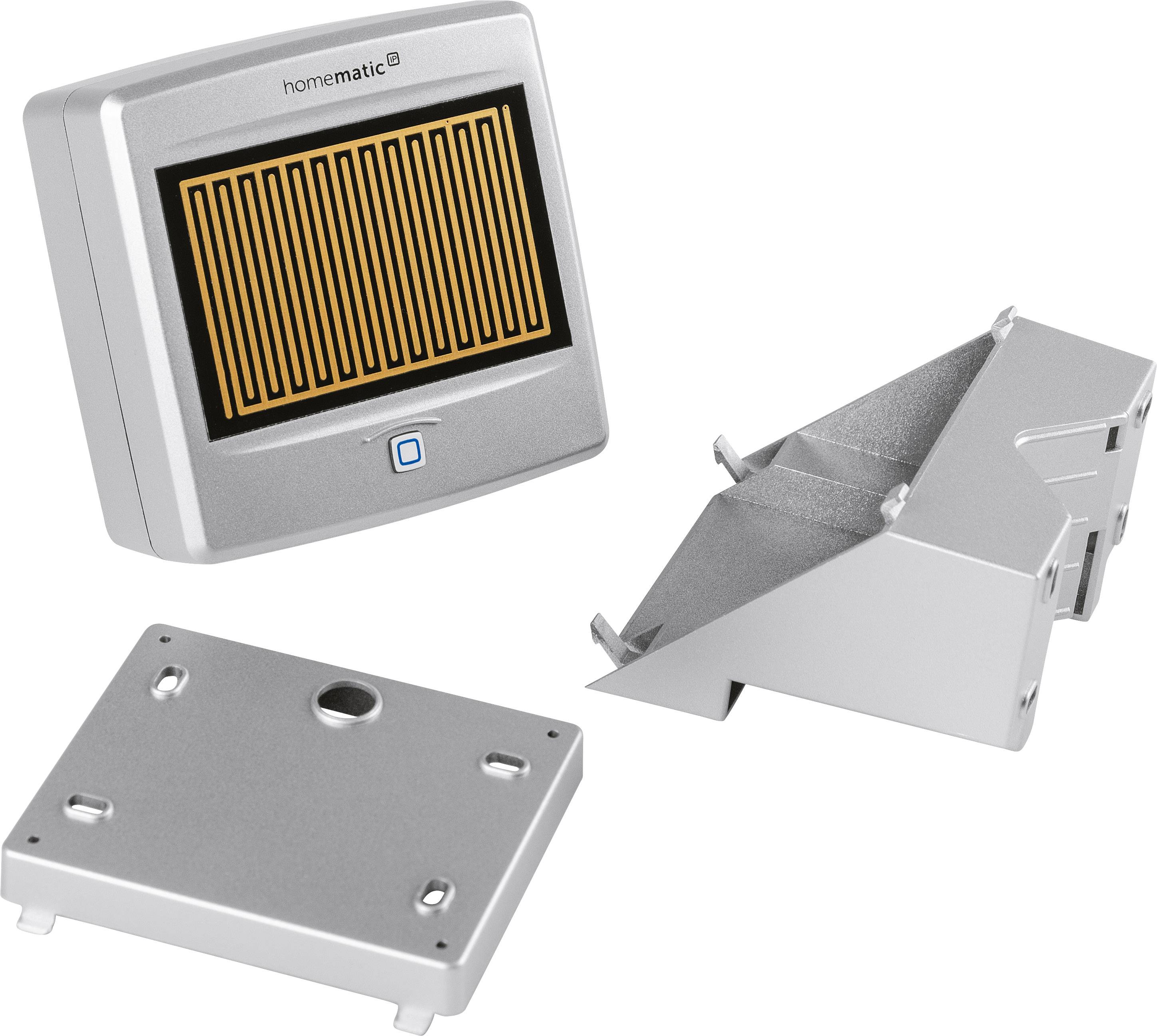 Un sensore di contatto per porte smart home di Homematic IP in grigio e argento con due possibilità di montaggio.