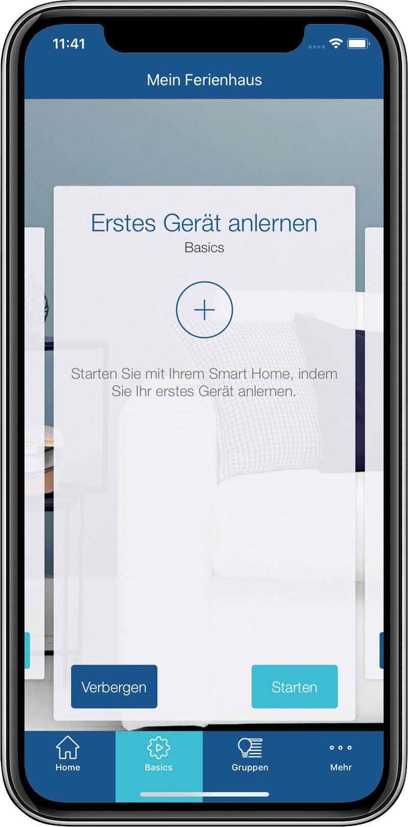 Immagine di un'app per Smart Home su uno smartphone che mostra: 'Impara il primo dispositivo. Nozioni di base. Inizia il tuo Smart Home imparando il tuo primo dispositivo.' Opzioni: 'Nascondi' e 'Inizia'.