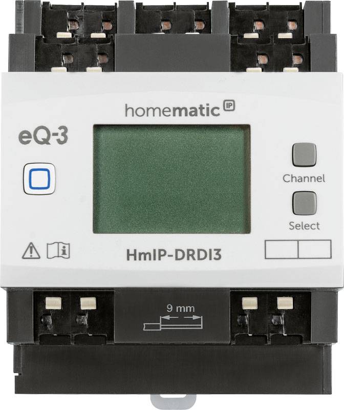 Dispositivo di controllo per Smart Home con display, tasti per 'Channel' e 'Select', marca 'eQ-3 Homematic', modello 'HmIP-DRDI3'.