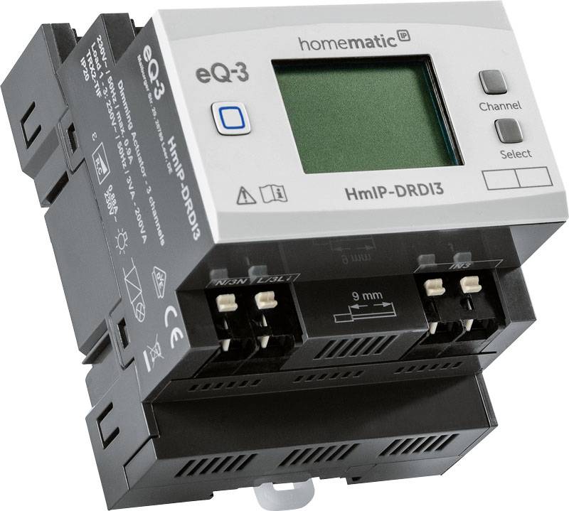 Dispositivo elettronico 'homematic eQ-3 HmIP-DRDI3' con display e comandi per il controllo, dotato di interruttore e morsetti di connessione.