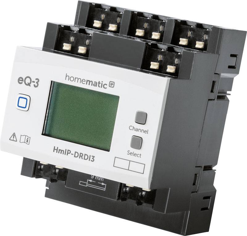 Dispositivo elettronico con display, diversi connettori e tasti di controllo. Contrassegnato con 'homematic IP', 'Channel' e 'Select'.