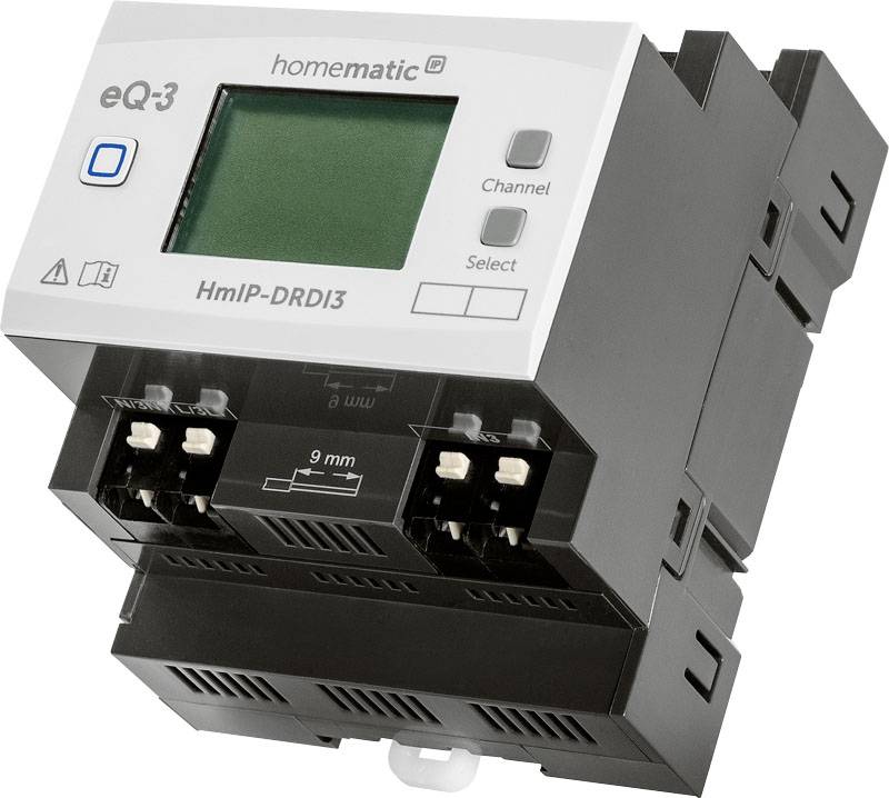Un dispositivo nero, rettangolare con display digitale e diversi attacchi. Etichettato 'HmIP-DRDI3' e marchio 'homematic'.