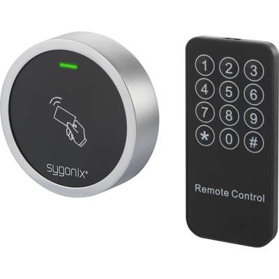 Serratura elettronica con lettore rotondo e telecomando rettangolare. Il lettore mostra il simbolo NFC, il telecomando ha una tastiera.