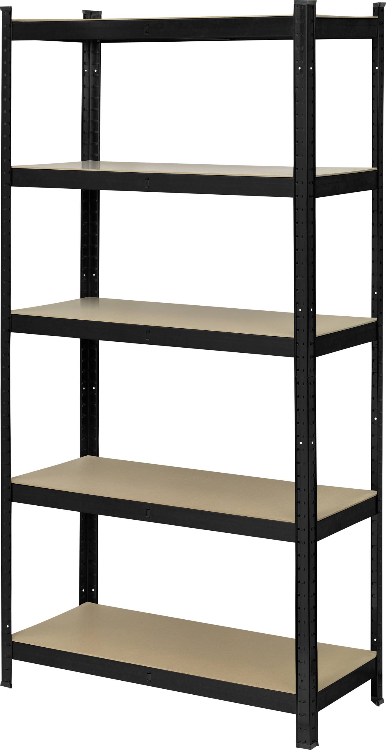 Scaffale stabile in metallo nero con cinque ripiani in legno, ideale per lo stoccaggio in garage o officina.