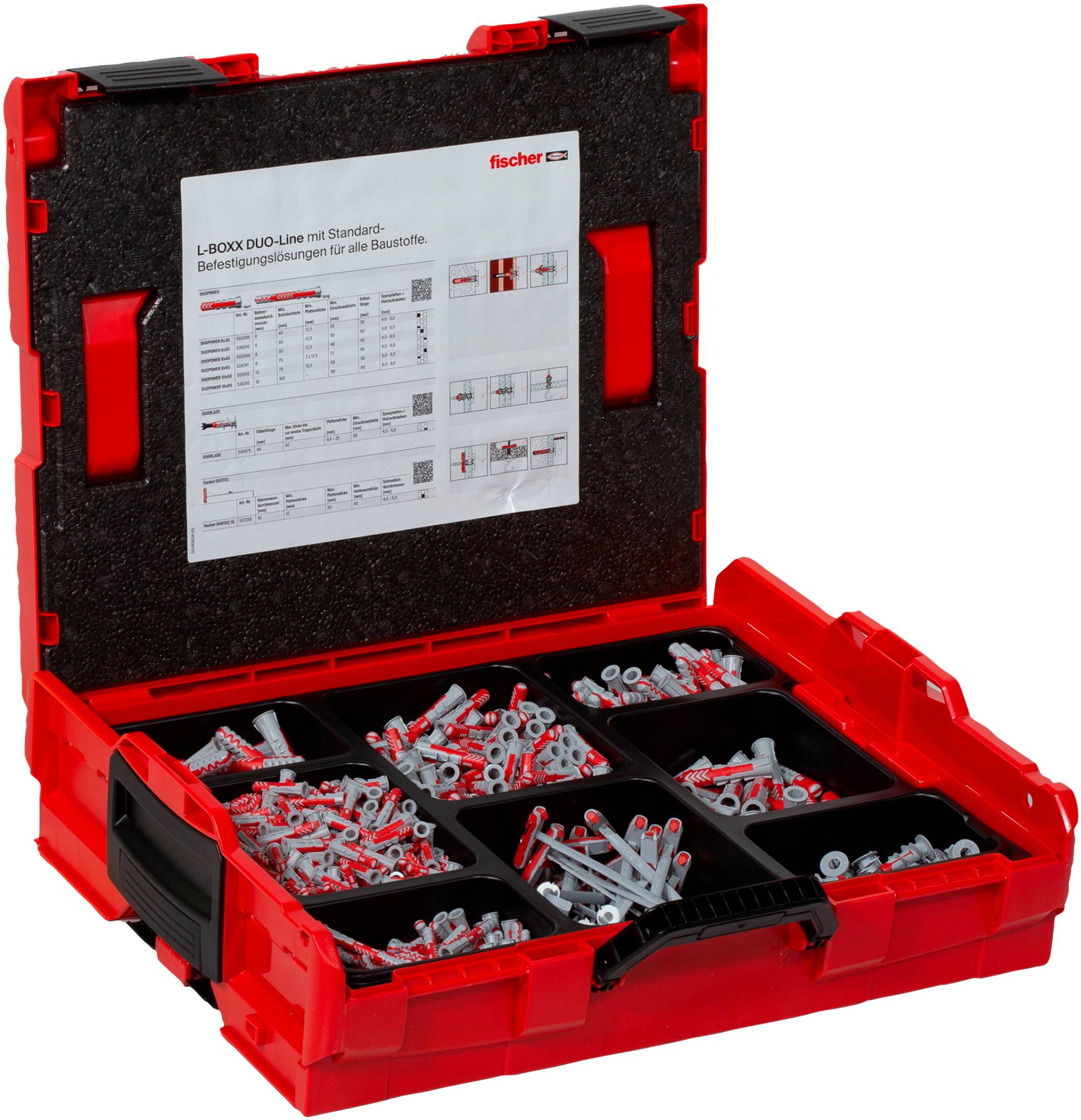 Un cassetta degli attrezzi rossa etichettata 'L-BOXX DuoLine' contenente diverse viti e tasselli, che mostra le quantità per diversi materiali in tedesco.