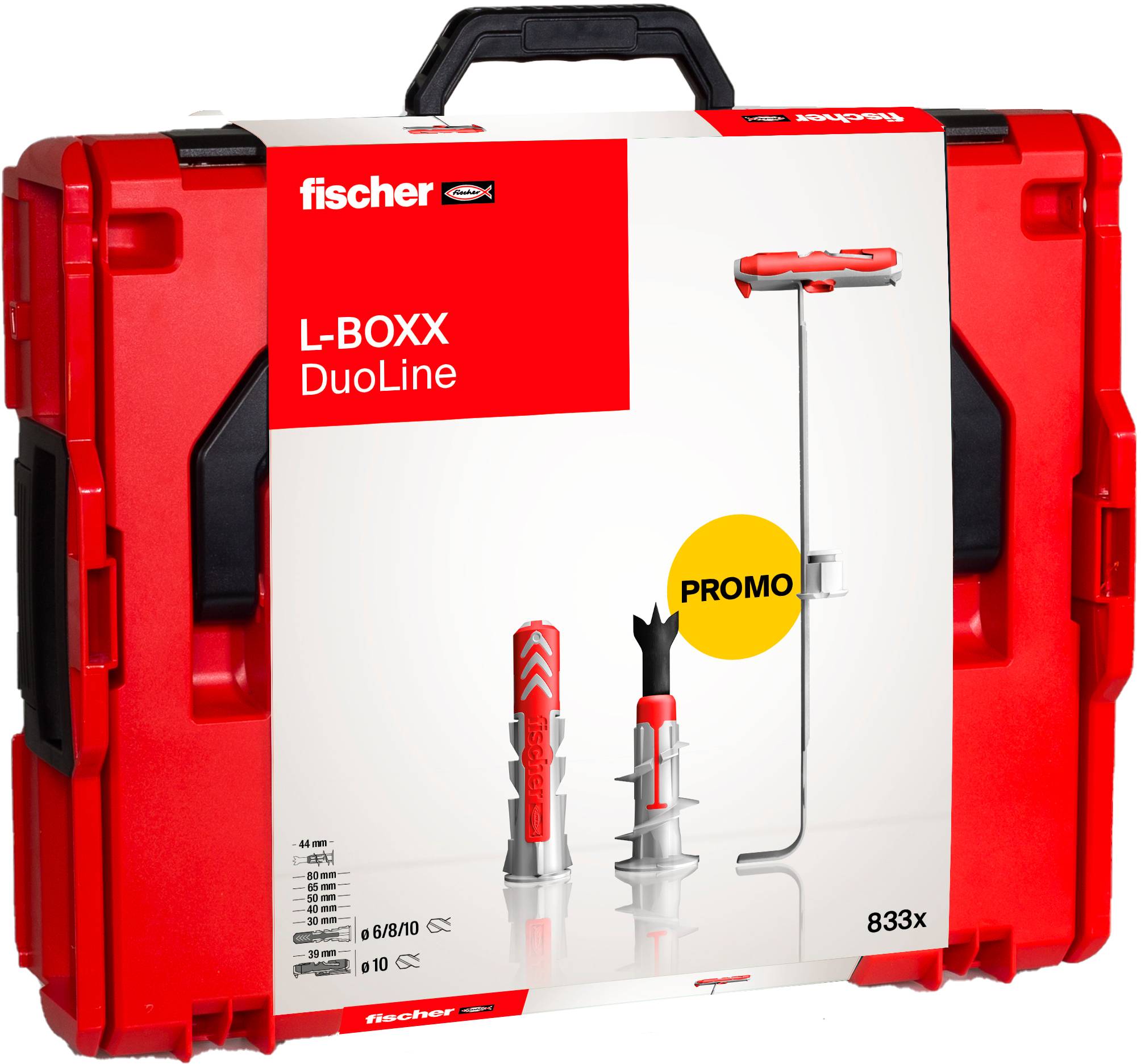 Una spina in rosso e grigio con il nome del marchio 'fischer' stampato, caratterizzata da multiple scanalature angolari per un ancoraggio sicuro nei muri.