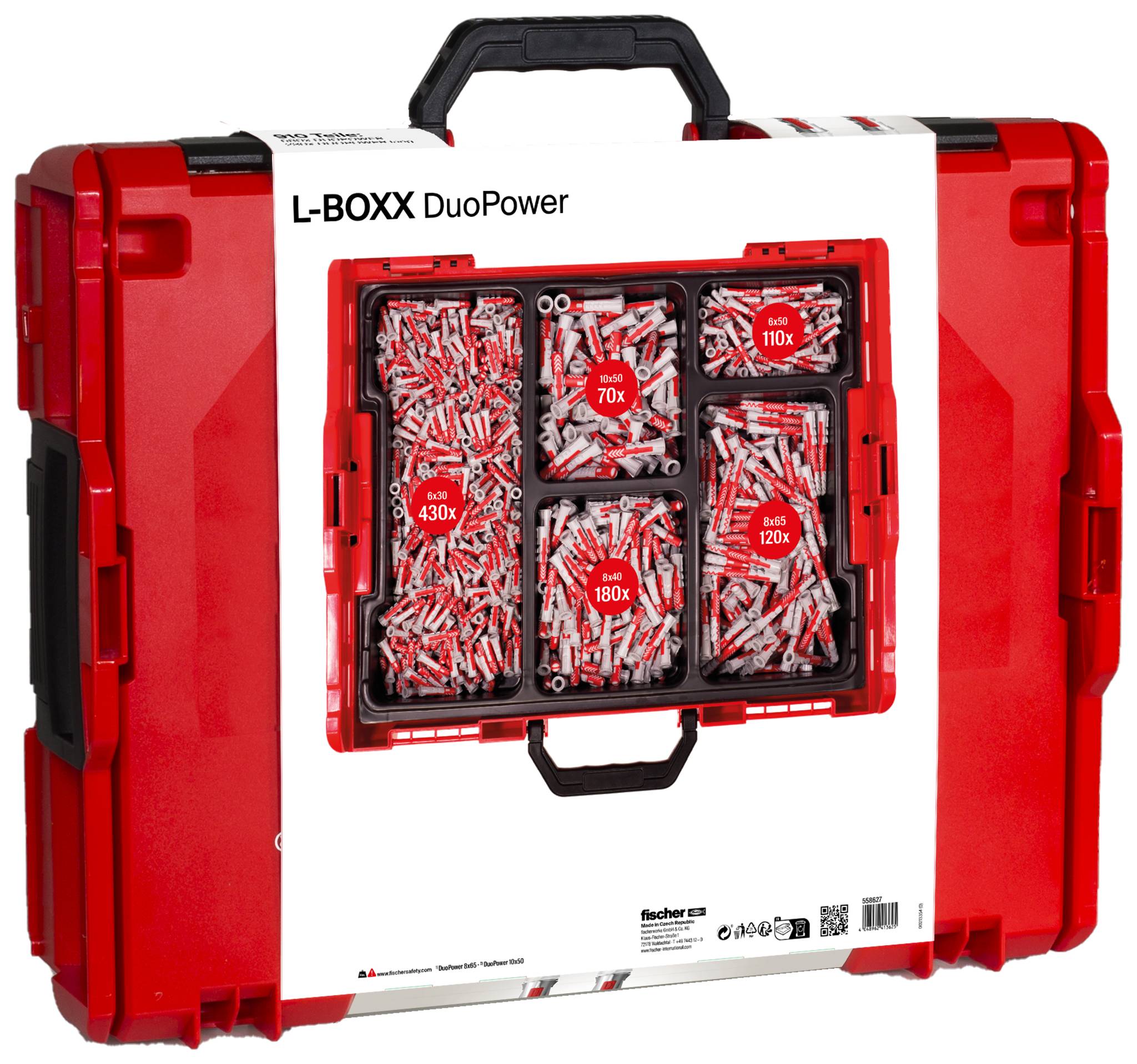 Scatola L-BOXX rossa DuoPower con prese murali assortite in sei scomparti etichettati